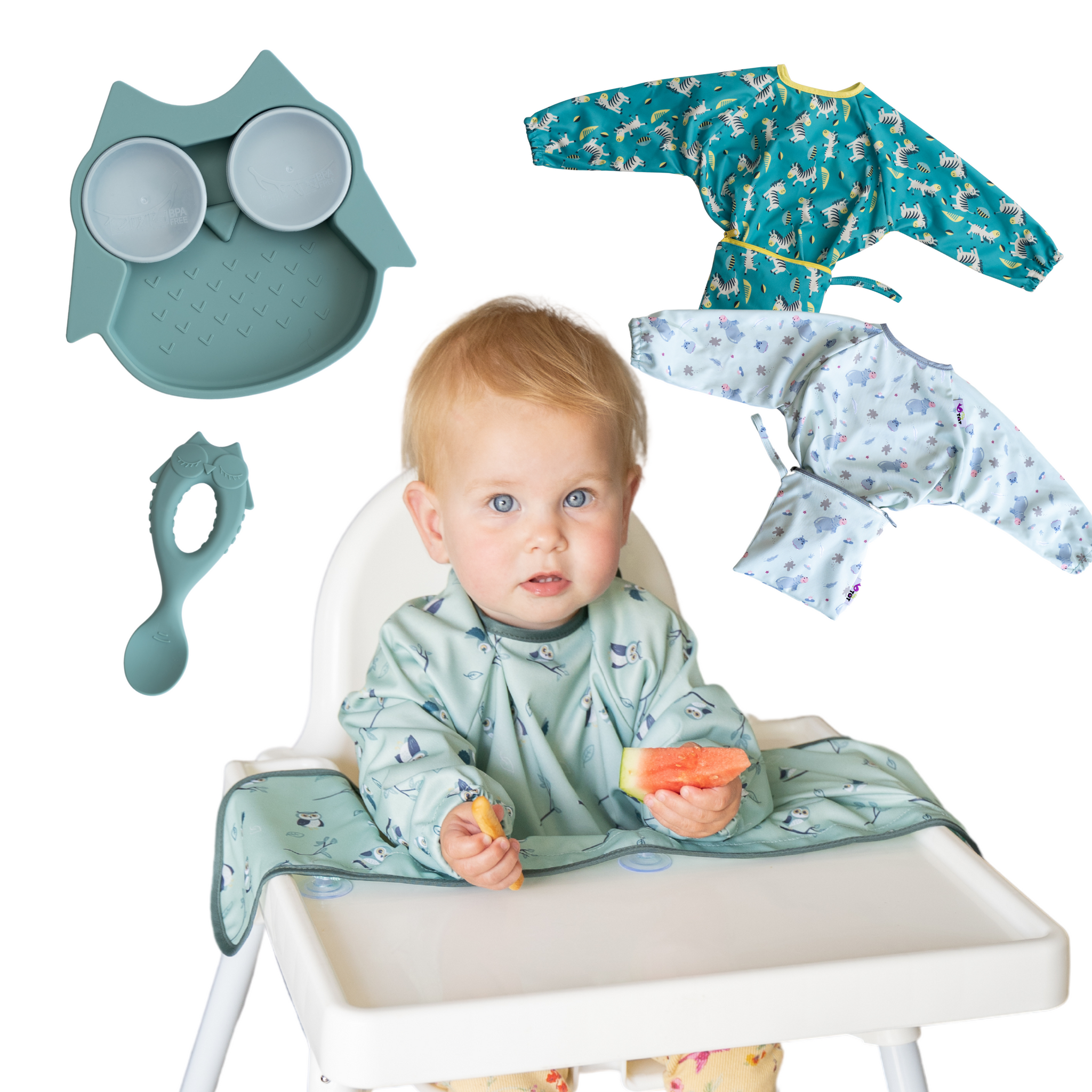 3 x Cover & Catch Bibs + Suction Plate + Spoon