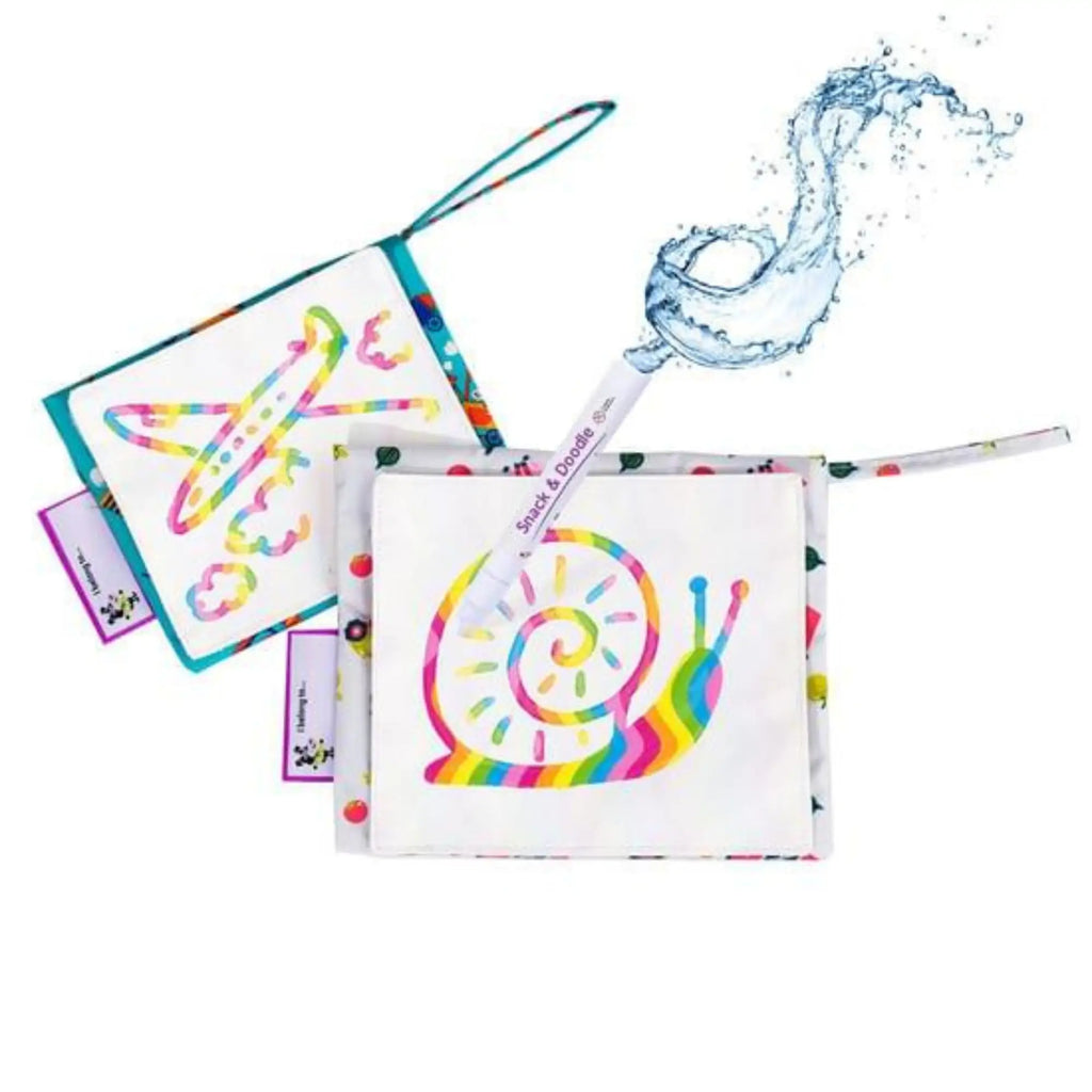 image of different print reusable snack bags with water doodle mat